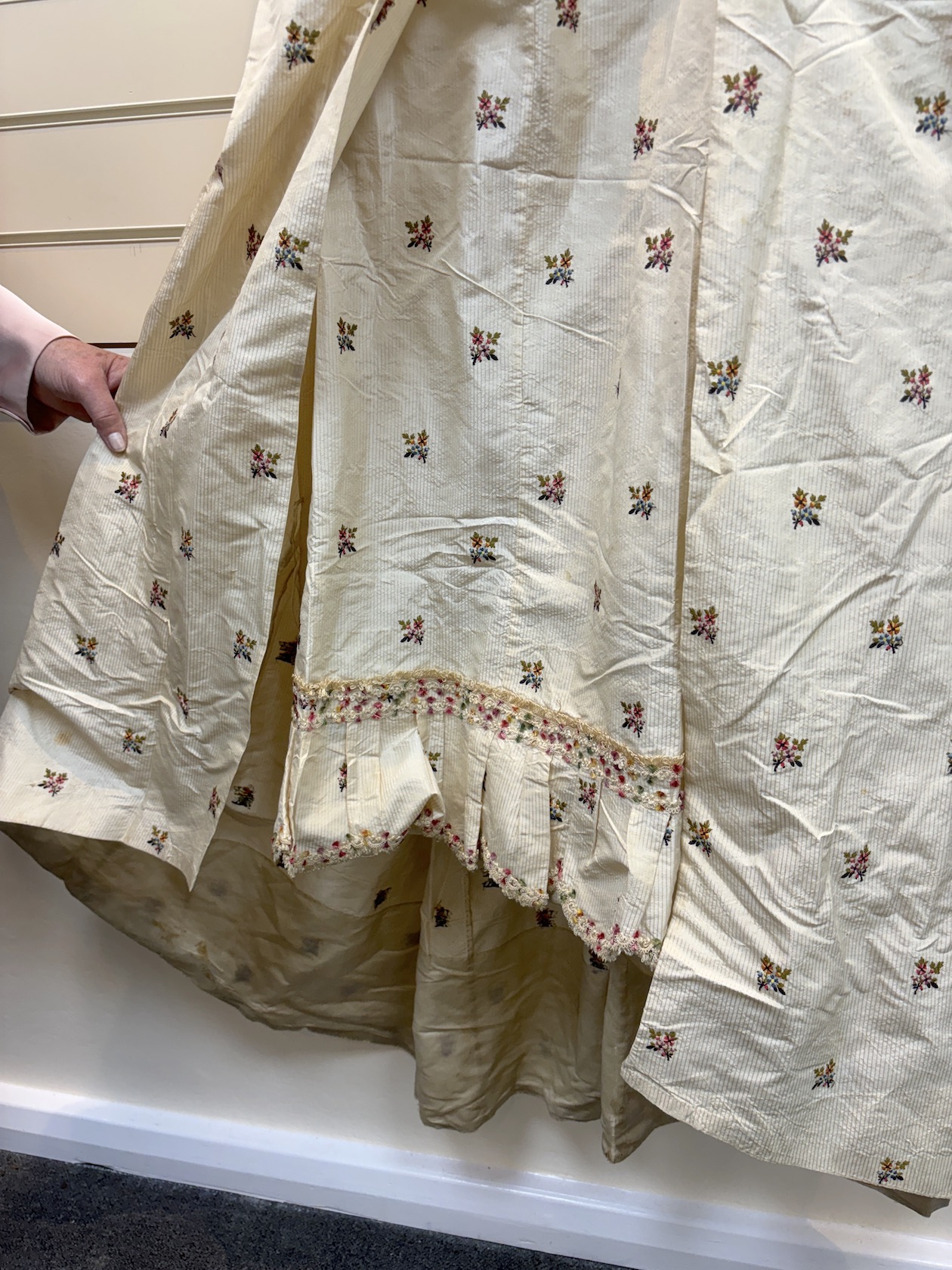 A rare 18th century, possibly Spitalfields, cream silk ladies dress, circa 1770-1780, made in the English style